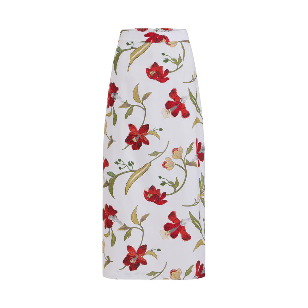 Front view of pencil skirt showcasing red hibiscus floral print and high waist on white background