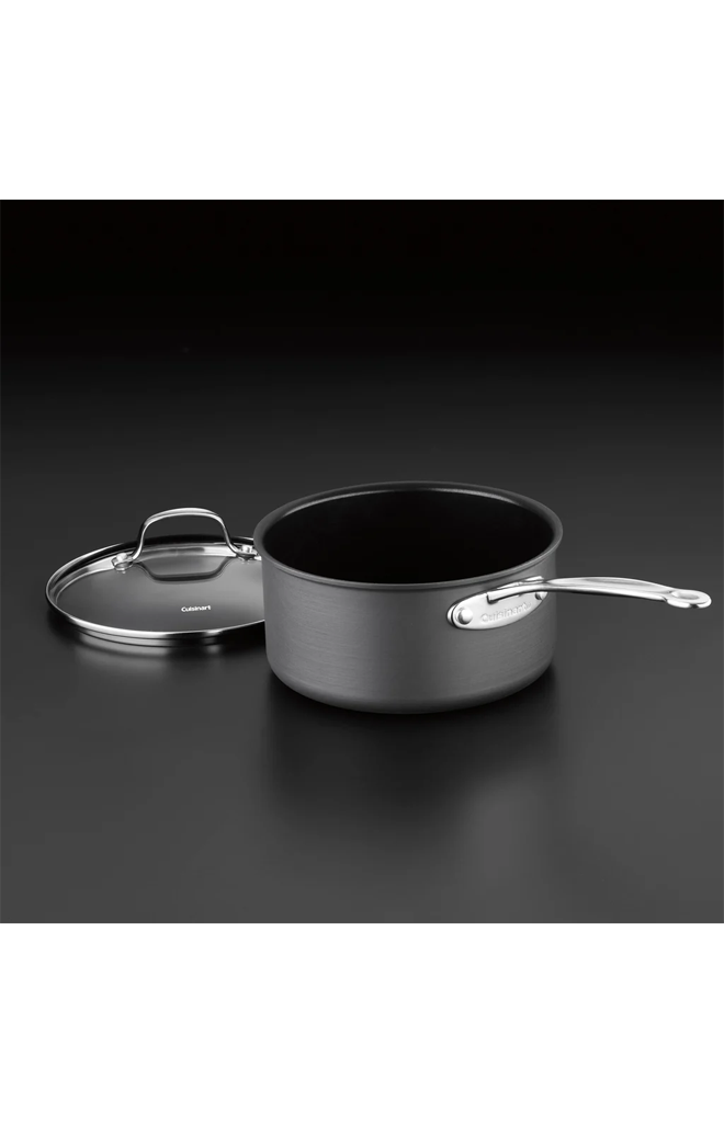 Three-quarter view of Chef’s Classic® 2 Quart Saucepan in Black showcasing tempered glass lid and Cool Grip® handle