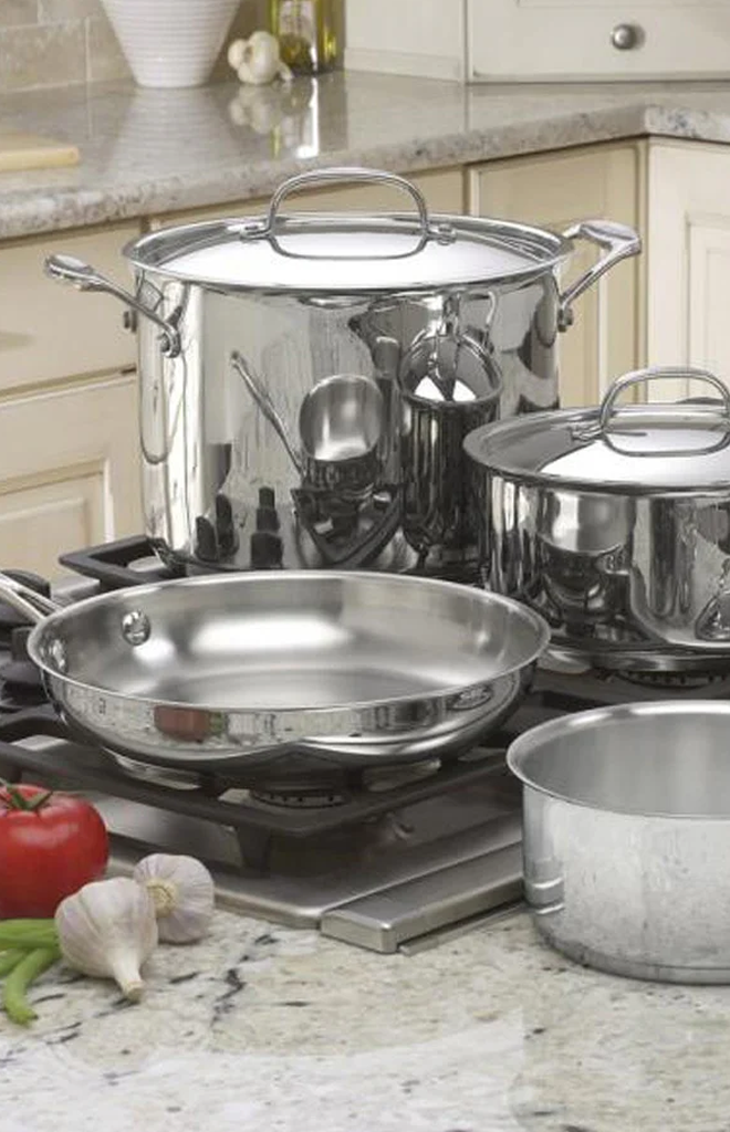 Front view of Chef’s Classic Stainless 7-Piece Set showcasing mirror-polished stainless steel cookware on a kitchen stovetop