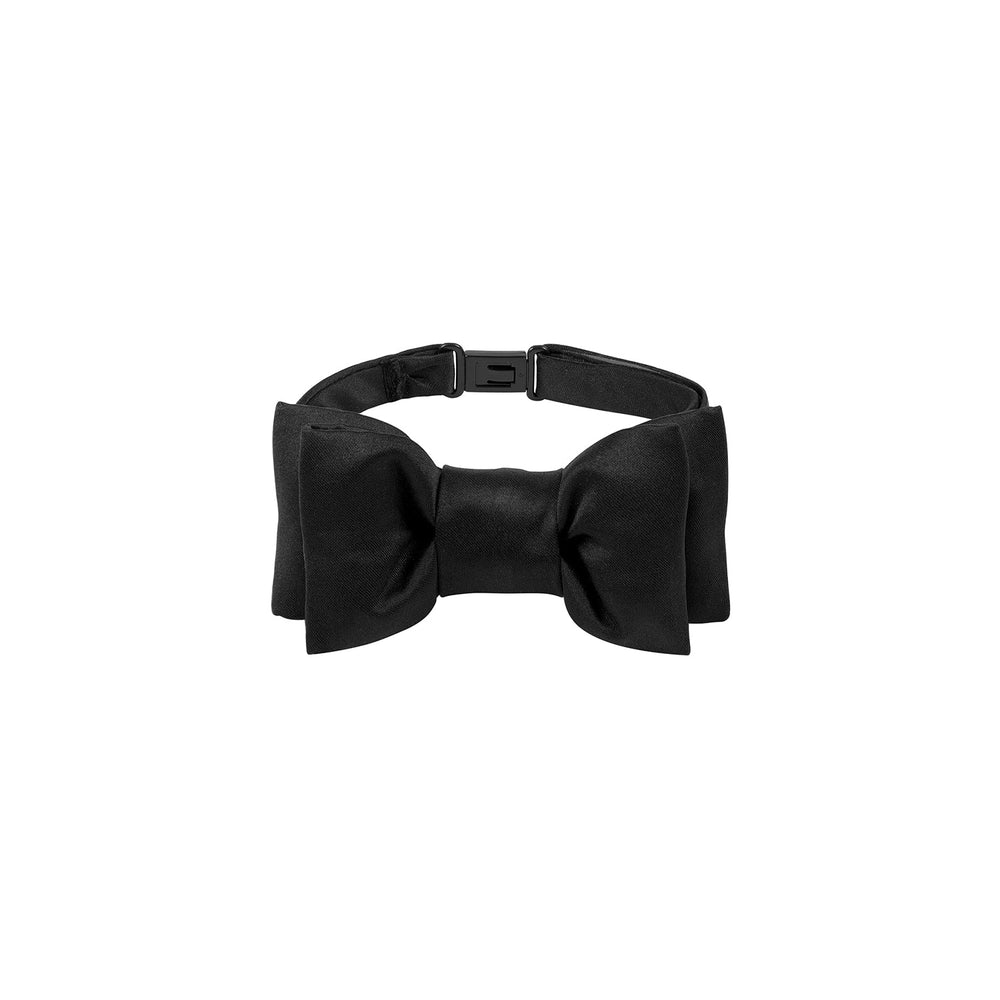Front view of Faux Hand-Tied Bow Tie in black showing adjustable snap neckband on white background