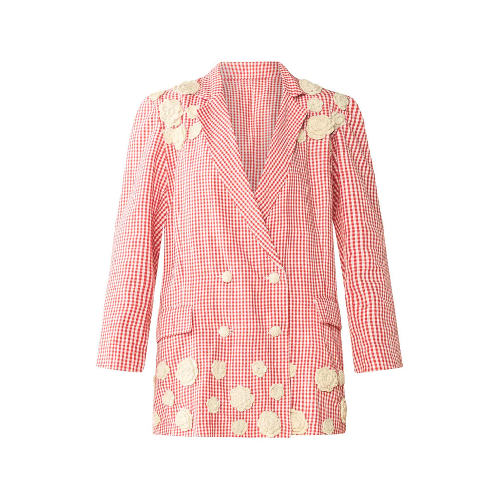 Meredith Blazer x Rainey Collaboration in Red Gingham with Cream Crochet Applique