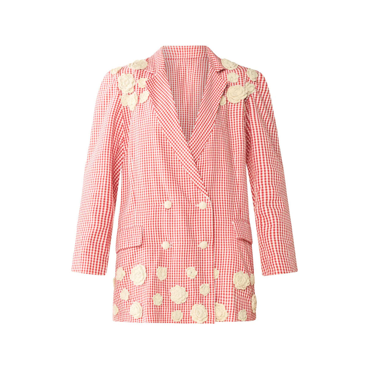 Meredith Blazer x Rainey Collaboration in Red Gingham with Cream Crochet Applique