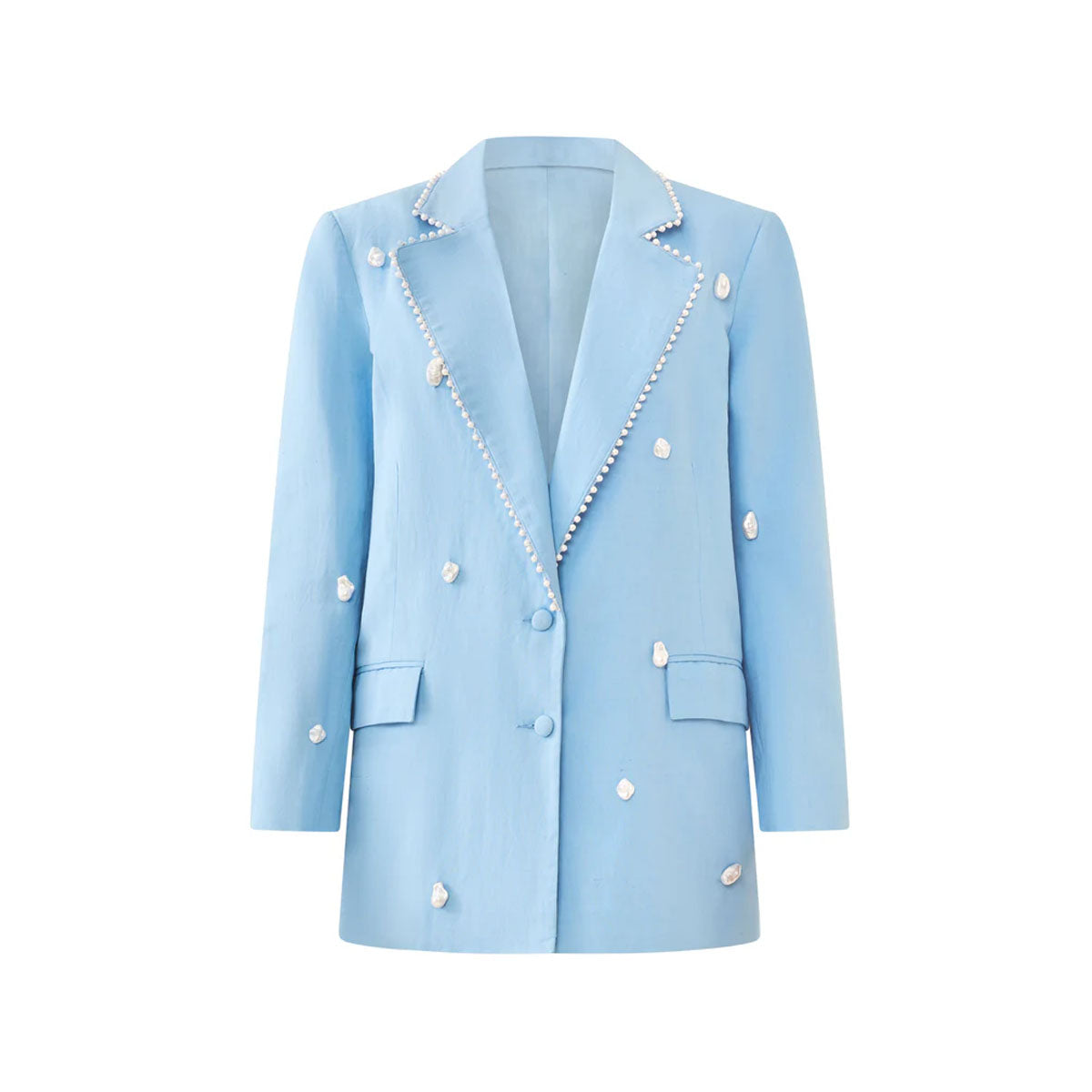 Front view of the light blue Sloan Blazer showcasing pearl trim, shoulder pads, and two pockets with a white background
