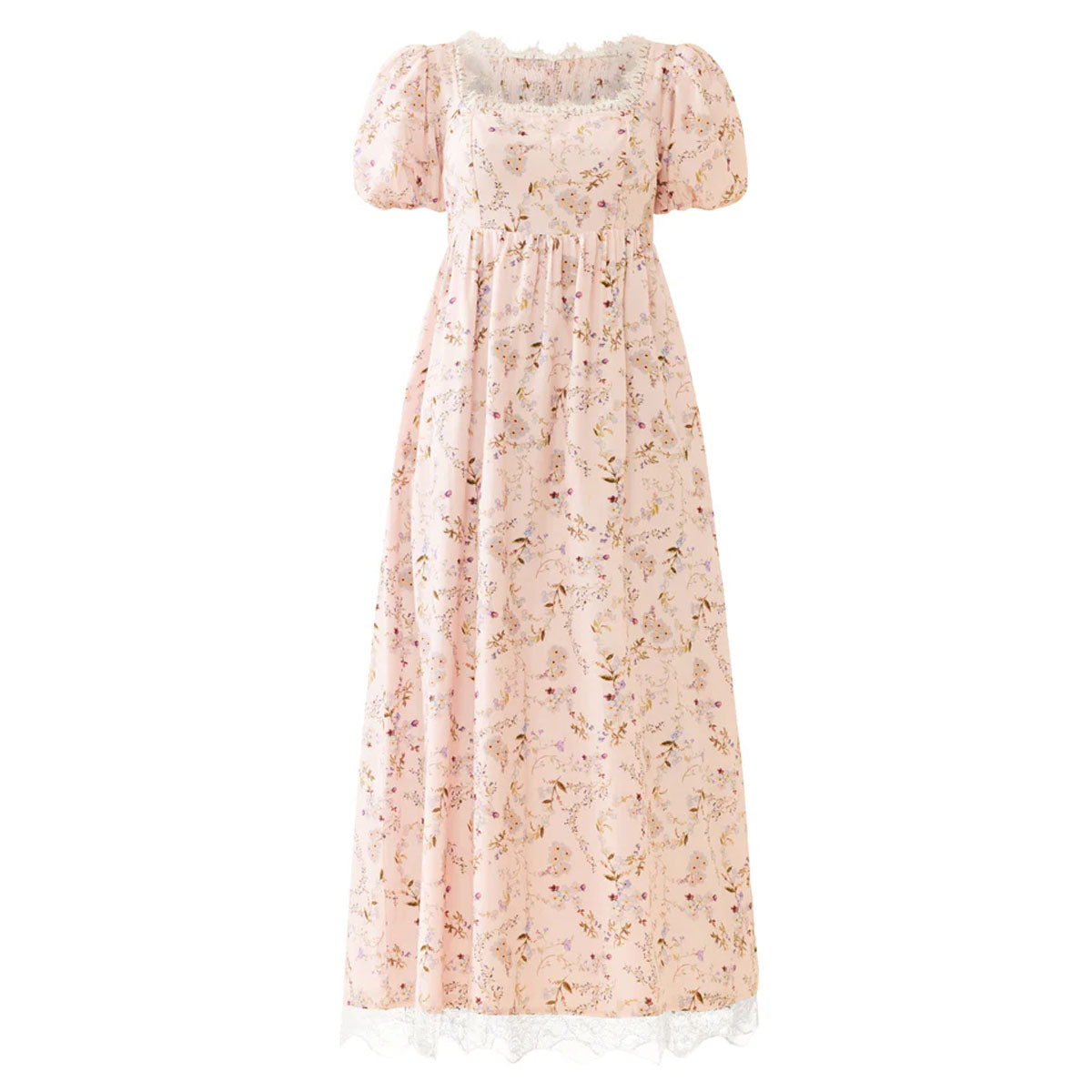 Front view of Bridgerton Maxi showcasing its blush floral print, empire waist, and crochet lace hem on a white background