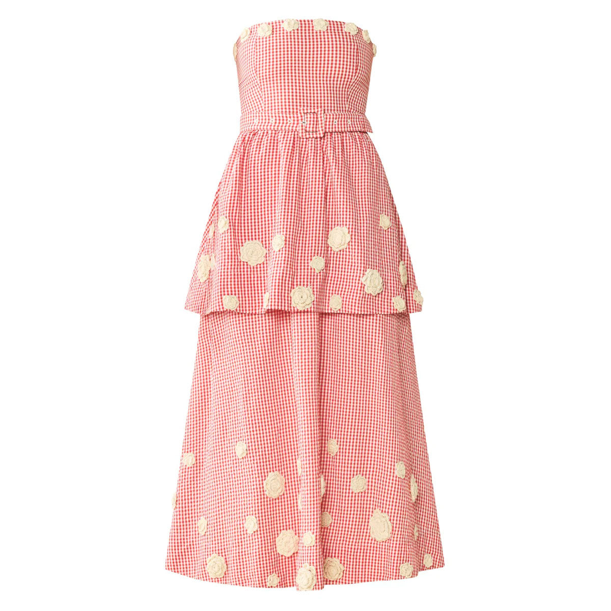 Daisy Dress X Rainey Collaboration in Red Gingham with Cream Crochet Applique
