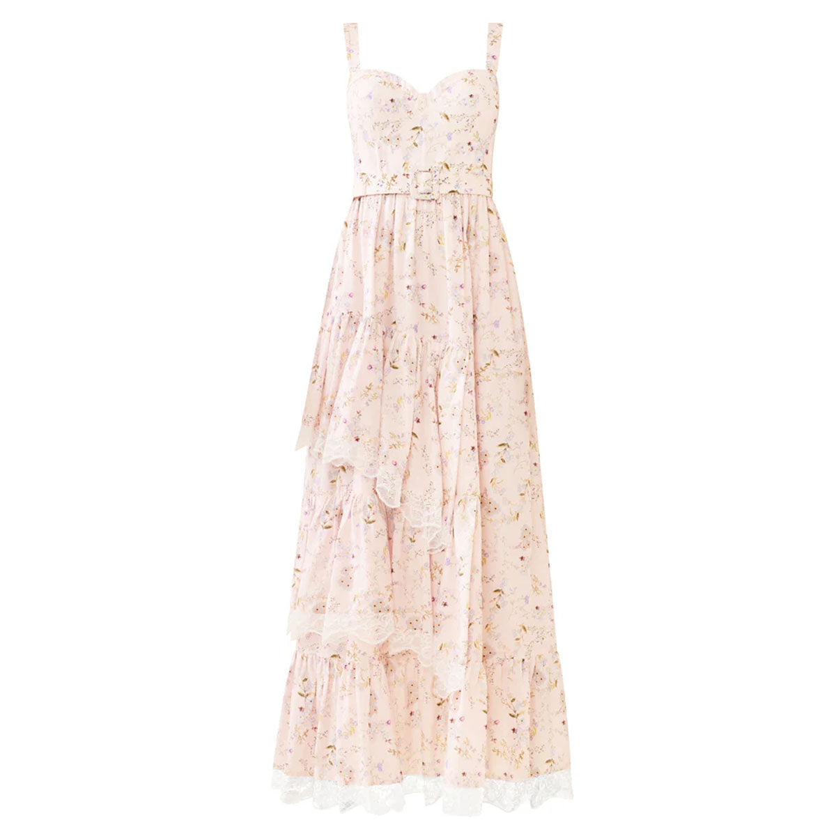 Front view of the Reba Dress with soft blush floral print, white crochet lace tiers, and waist belt on white background