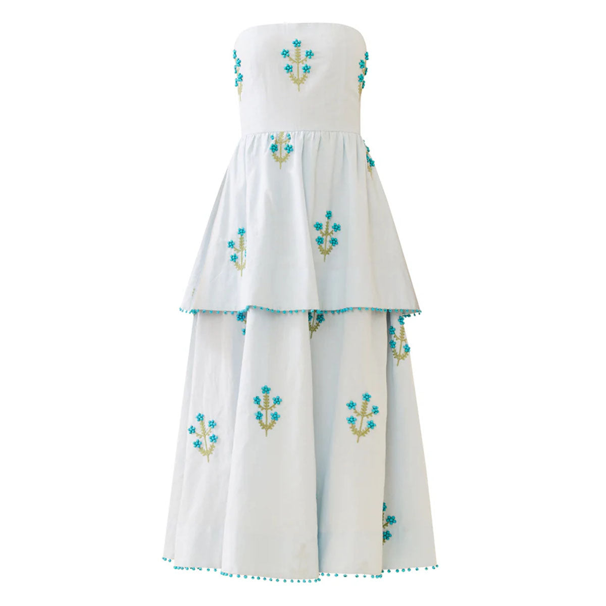 Front view of Daisy Dress showcasing strapless bodice, turquoise floral beadwork and embroidery, and two tier full skirt