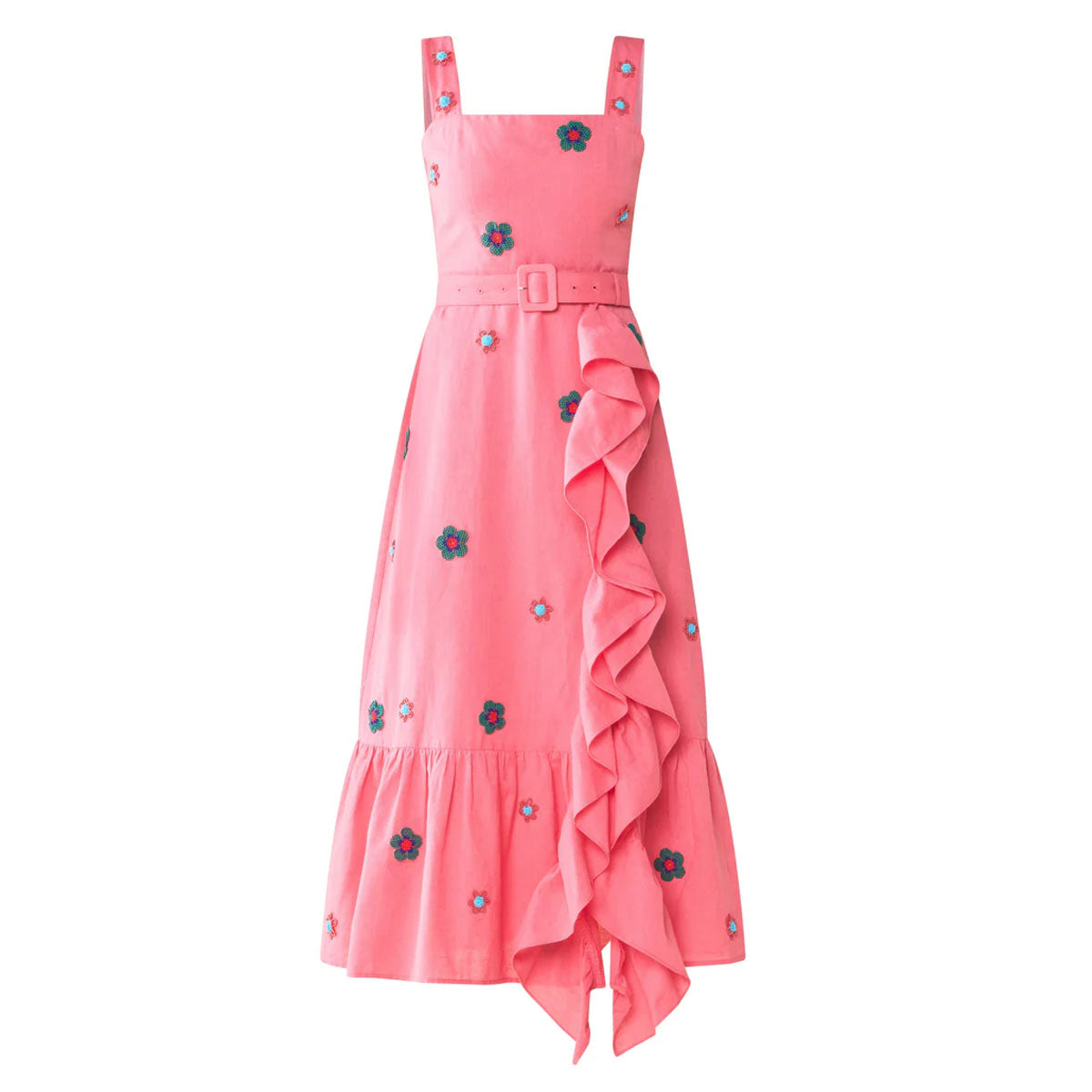 Front view of Cindy Dress in Pink Party showcasing pink linen, square neckline, beaded florals, belt, and cascading ruffle