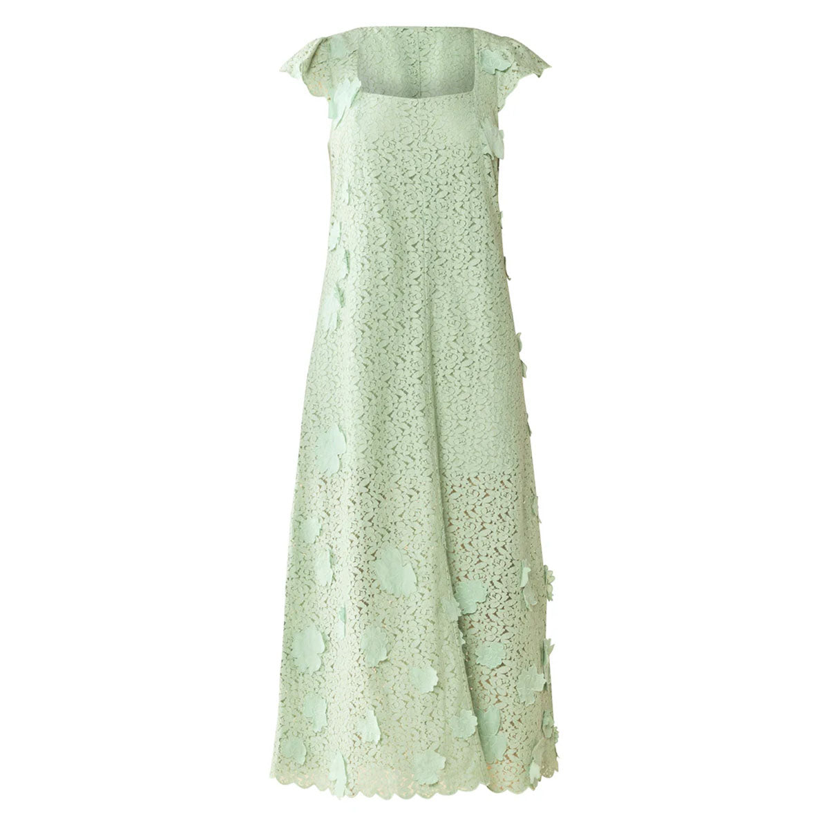 Front view of Lindsay dress in mint green with square neckline, flutter cap sleeves, lace and 3D floral appliques