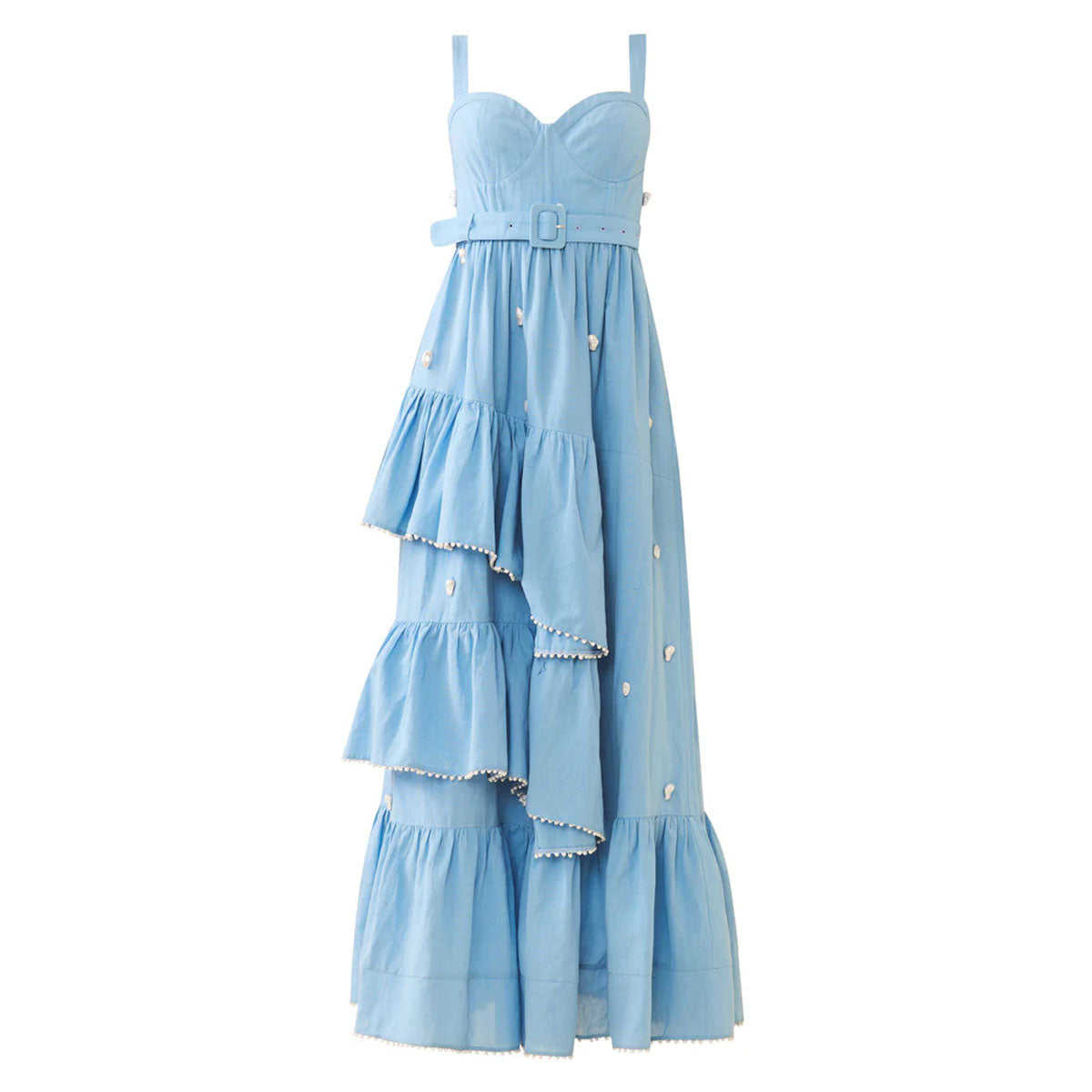 Front view of Reba blue tiered maxi dress with sweetheart bodice, belted waist and asymmetric ruffles on white