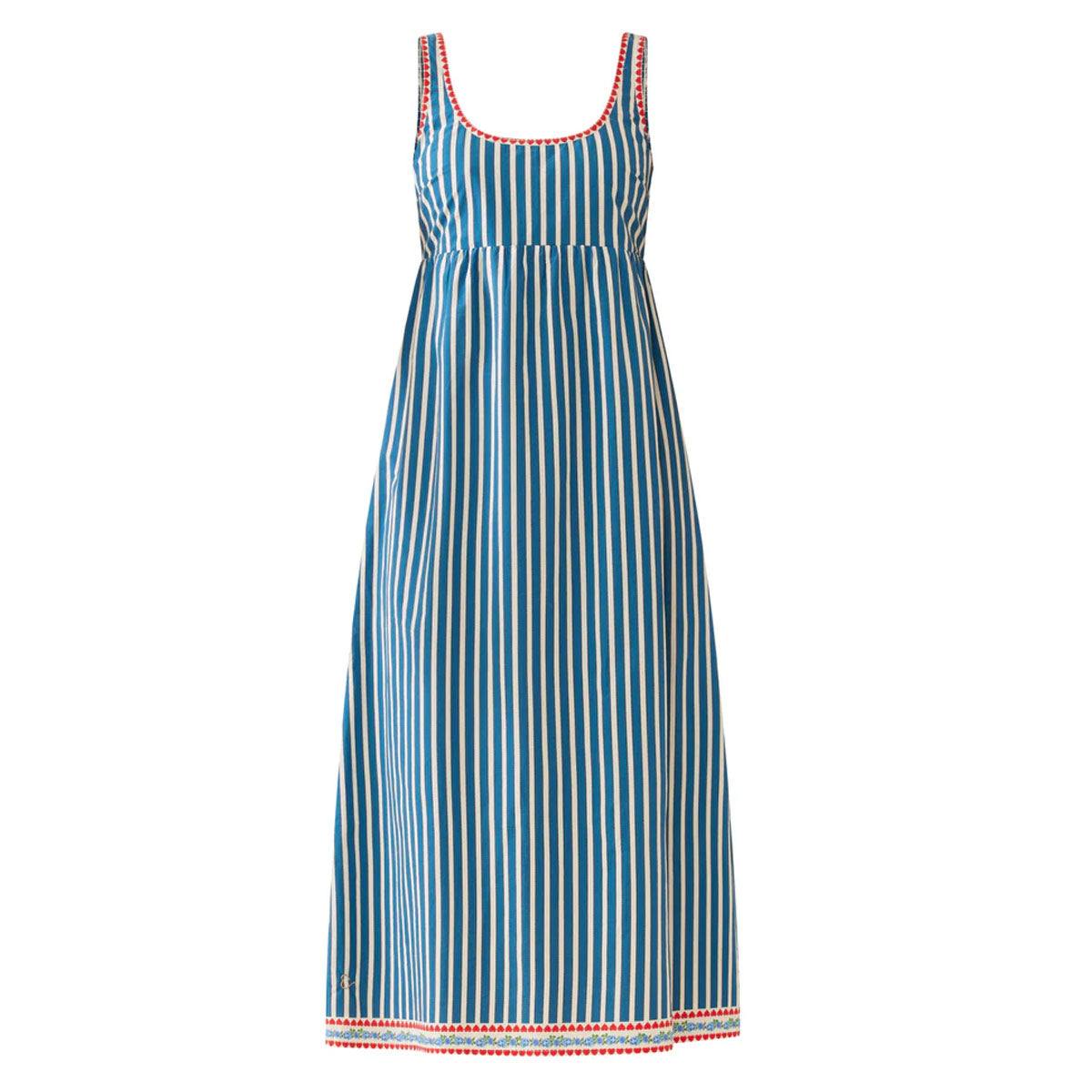 Front view of Emily Dress in Navy Stripe showcasing coastal blue and white stripes and bold red hem on white background