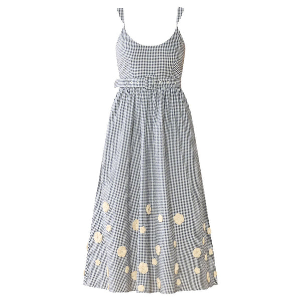 Katherine Dress in Navy Gingham with Cream Crochet Applique | Over