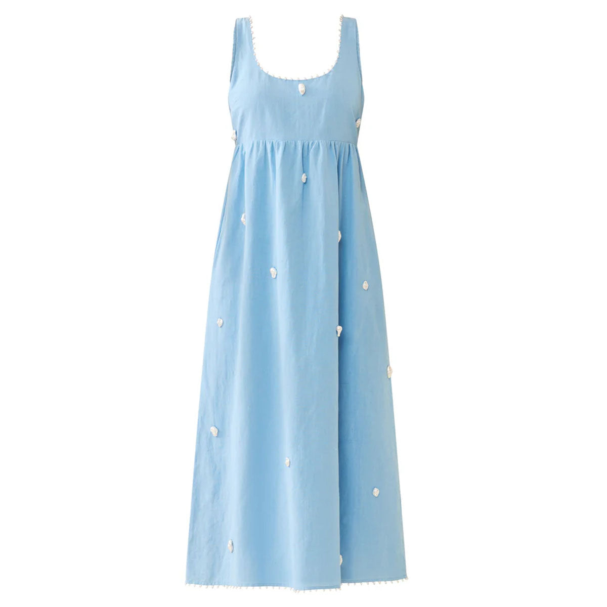 Front view of Emily Dress showcasing blue fabric, empire waist, full skirt, and white pearl details on a white background
