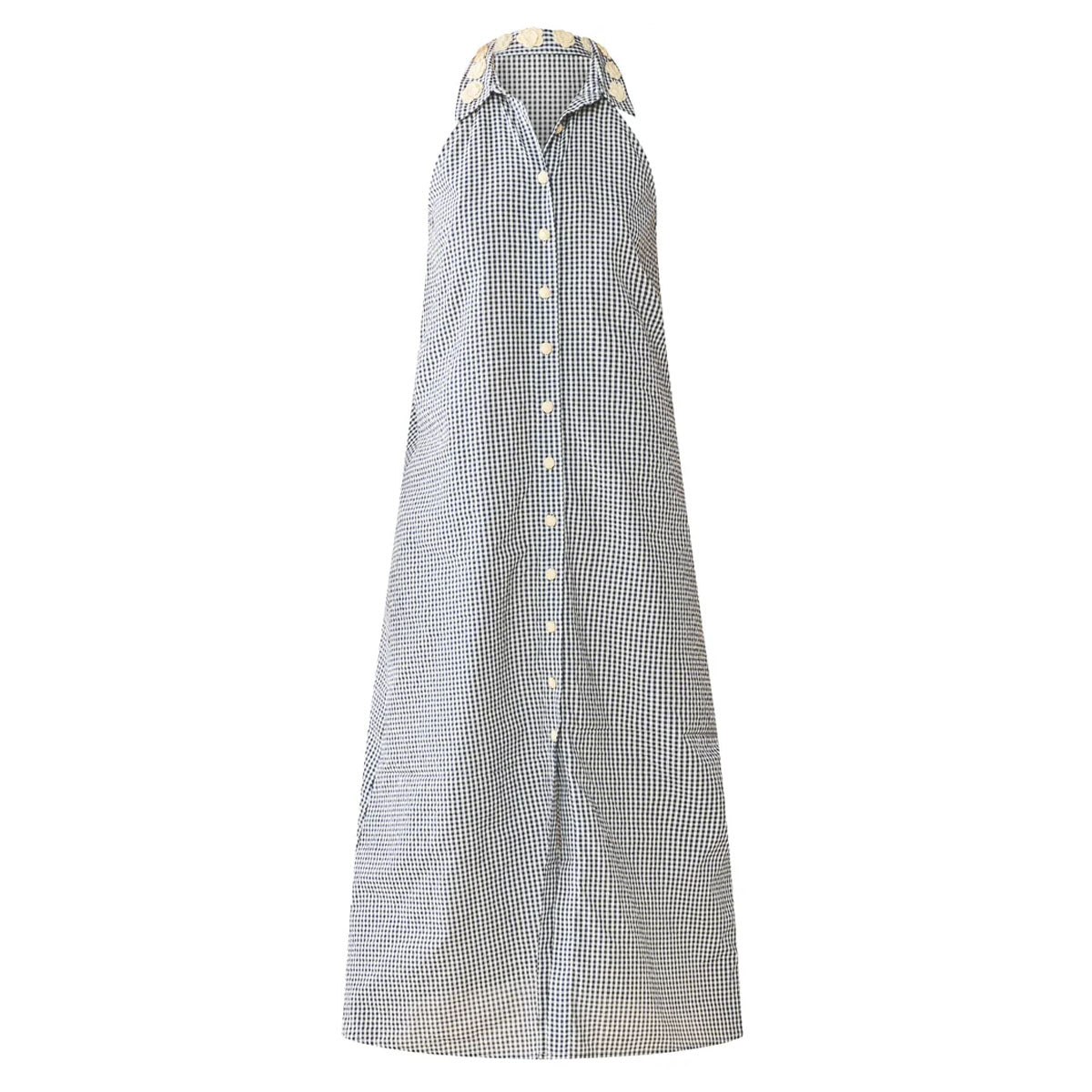 Cami Collar Dress in Navy Gingham with Cream Crochet Applique