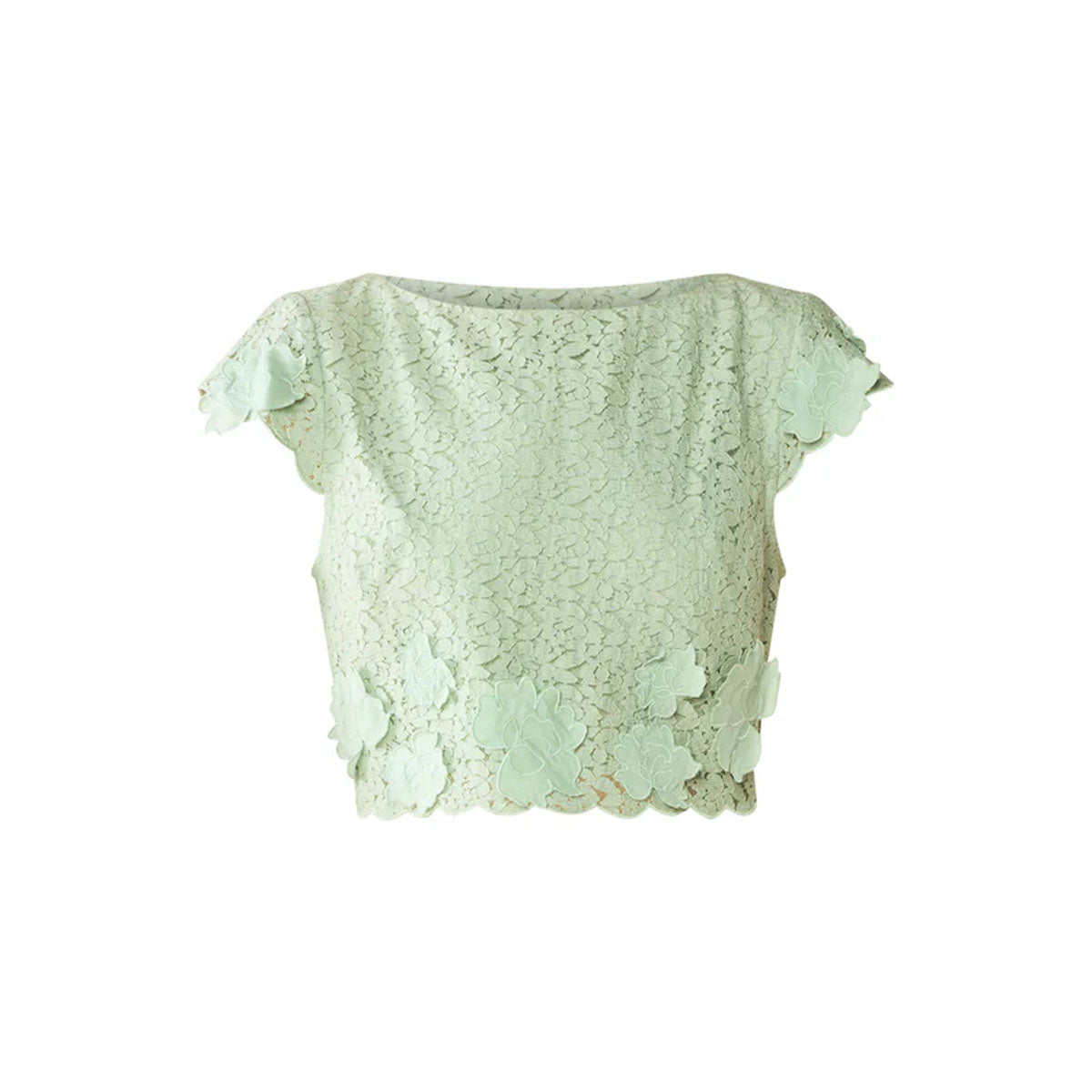 Front view of Raquel Top showcasing mint green lace, floral applique trim, scalloped hem and cap sleeves