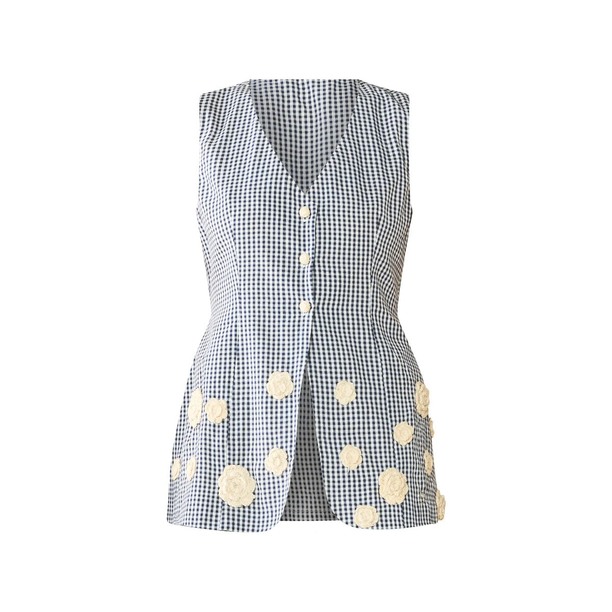 Alexa Top in Navy Gingham with Cream Crochet Applique