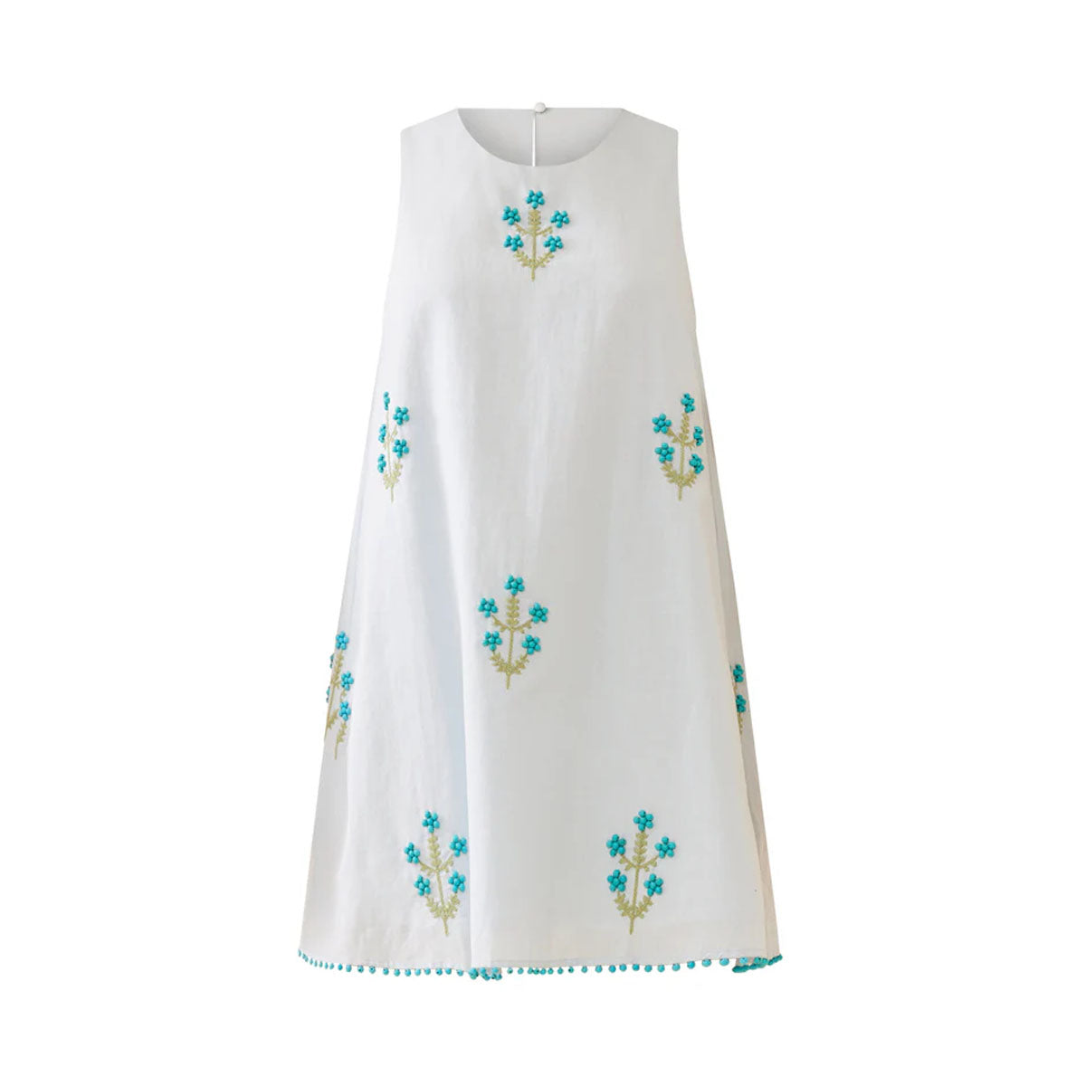 Front view of Mattie Dress showcasing turquoise floral beadwork, embroidery, and beaded hem on a white background
