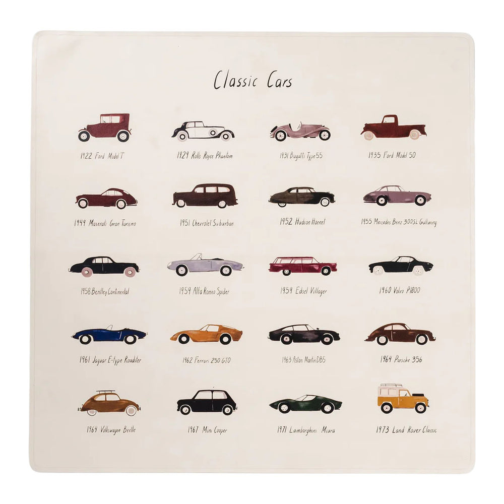 Front view of Children’s Tapestry, Small showcasing Classic Cars print with illustrated vintage cars arranged in rows on a cream background