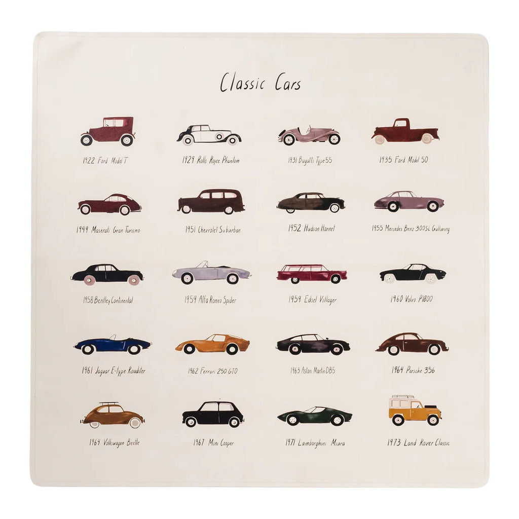 Front view of Children’s Tapestry, Small showcasing Classic Cars print with illustrated vintage cars arranged in rows on a cream background