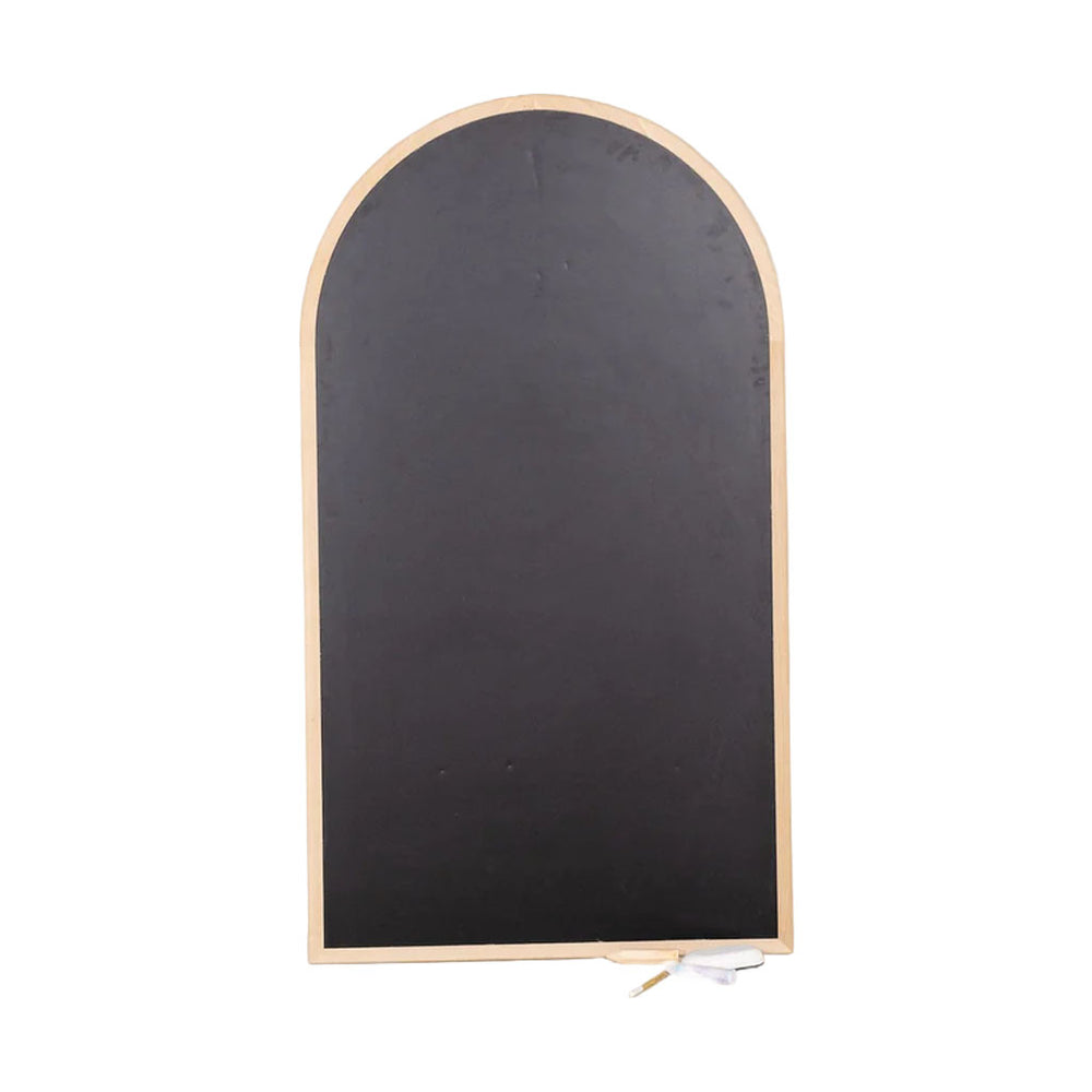 Front view of Play Chalkboard showing arched black chalk surface and natural wood frame with chalk and eraser on white