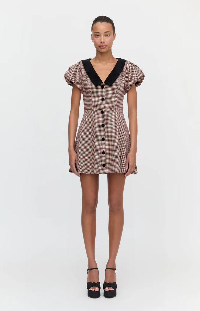 The Samantha Dress in Burgundy Holmes Houndstooth