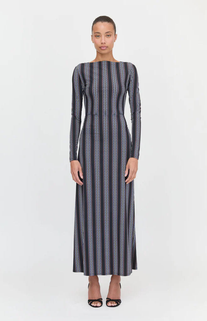 The Selene Dress in Black Cobalt Medallion Stripe