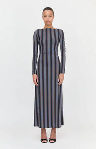 The Selene Dress in Black Cobalt Medallion Stripe
