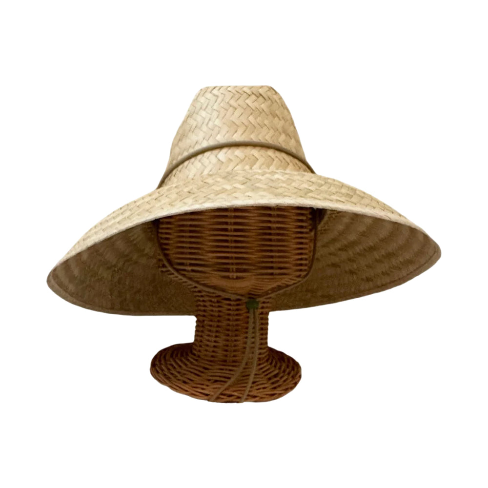 Front view of Begonia Sun Hat showcasing wide brim and khaki lanyard with jade gemstone toggle on white background