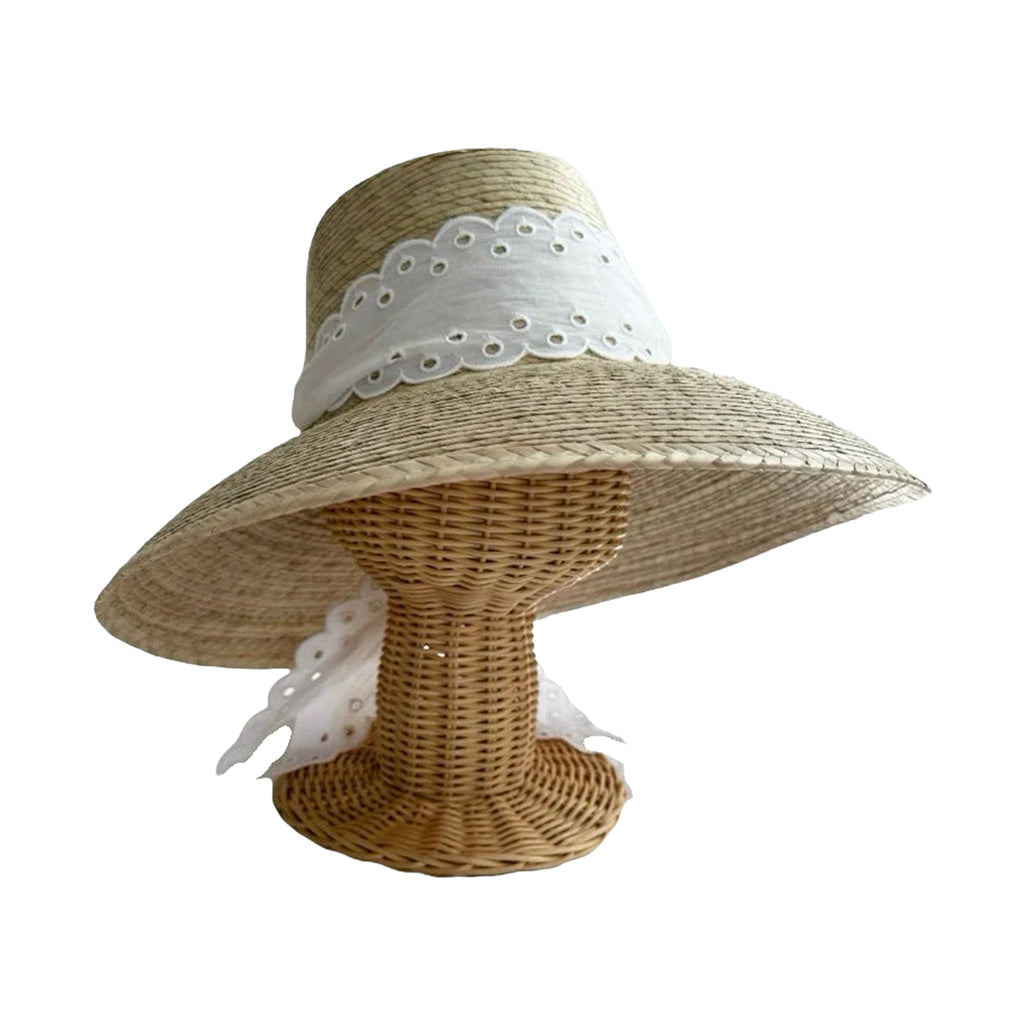Wildflower Sun Hat in Antique Eyelet Scallop Lace Wide & Short Ribbon