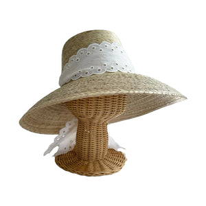 Wildflower Sun Hat in Antique Eyelet Scallop Lace Wide & Short Ribbon