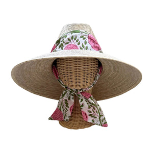 Hollyhock Sun Hat in Pink Marigold Block Print Hat Scarf