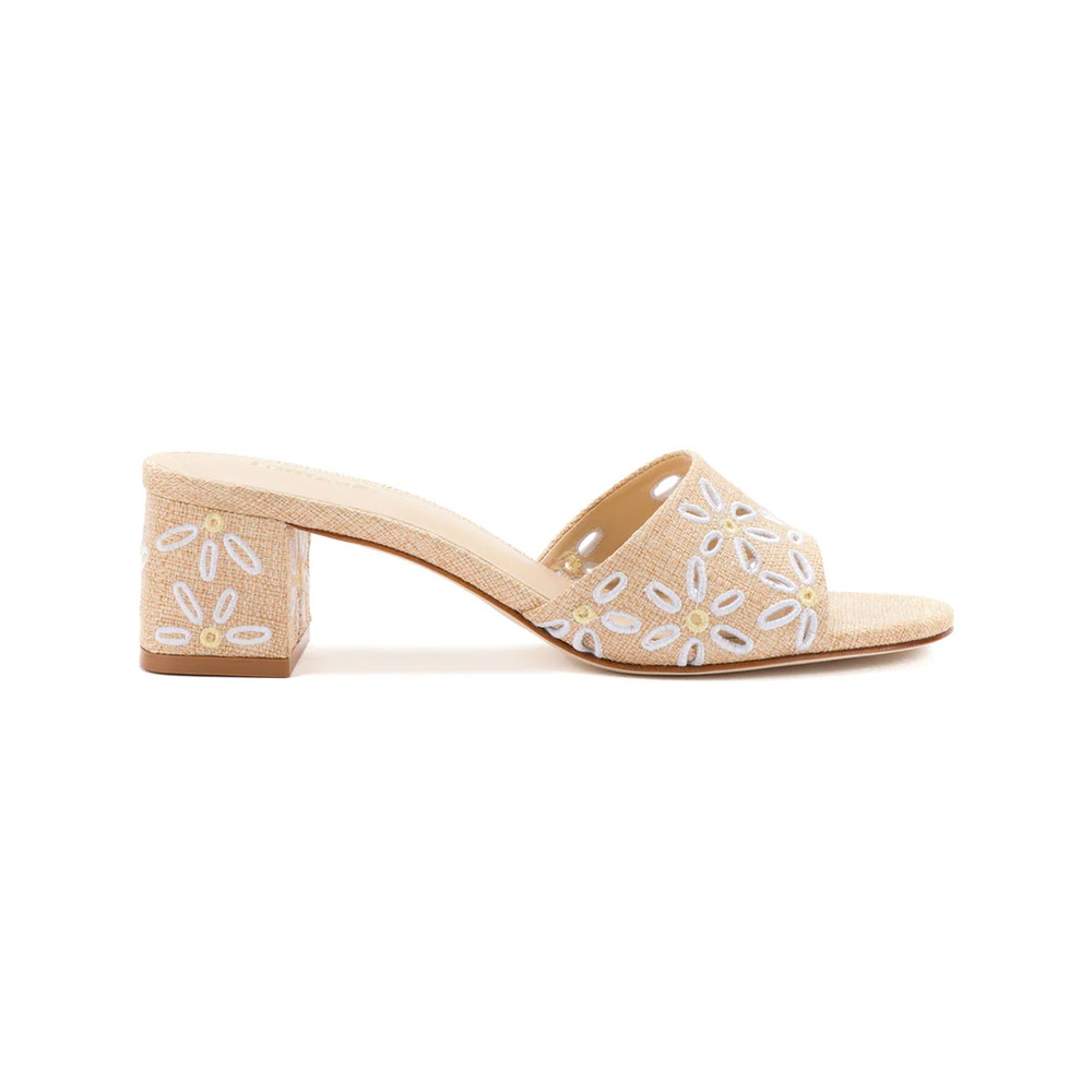 Side view of Brigitte Mule In Beige Raffia showcasing open round toe, floral pattern, and 1.8 inch block heel with white background