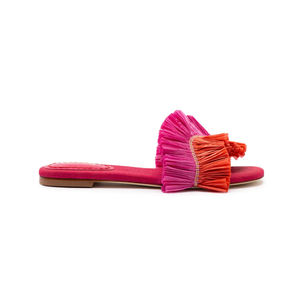 Ivy Fringe Flat in Pink & Orange Raffia