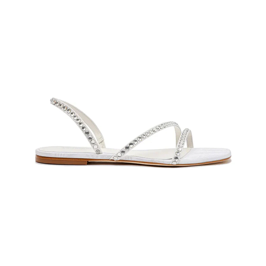 Vicky Flat Sandal in White Fabric & Crystals