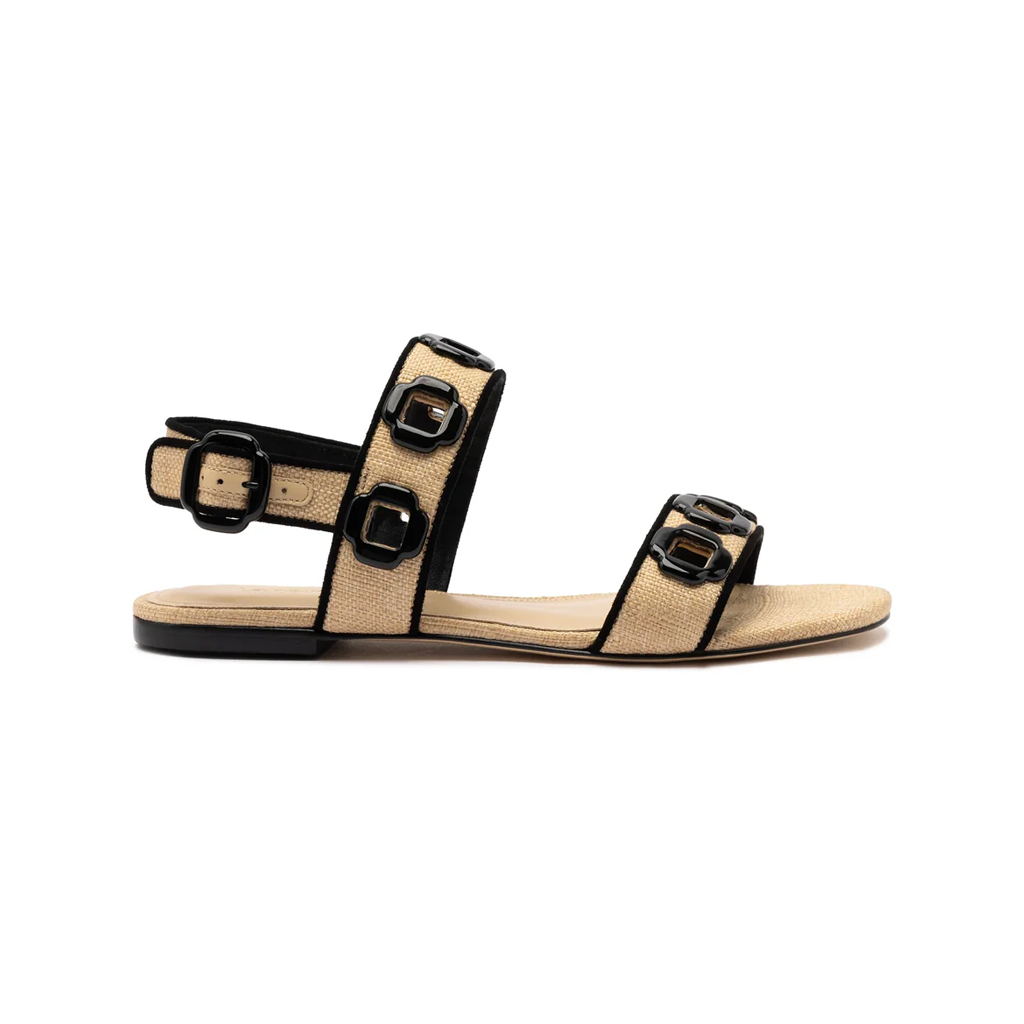 Milan Flat Sandal in Beige Raffia & Black Trimming