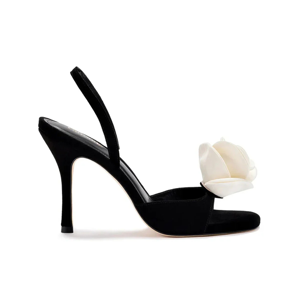 Salma Sandal in Black Suede & Ivory Satin