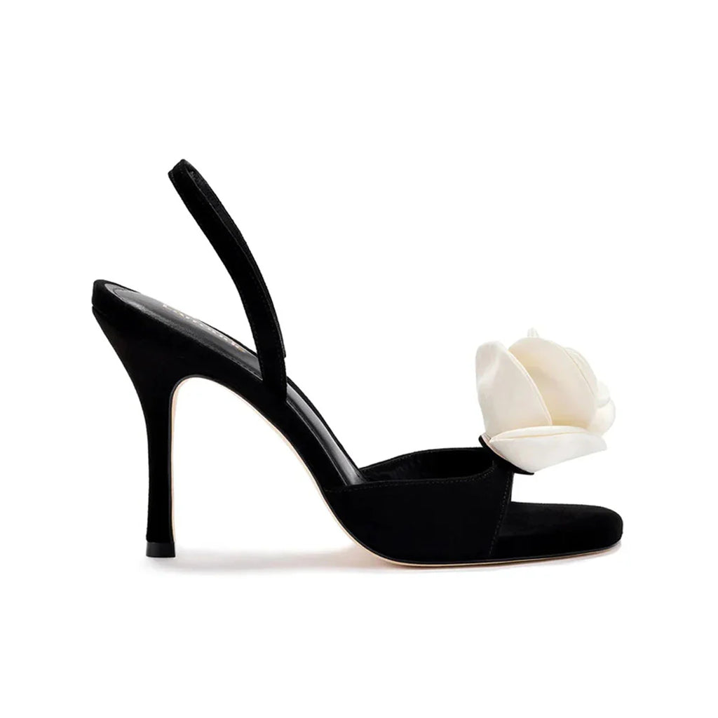 Salma Sandal in Black Suede & Ivory Satin