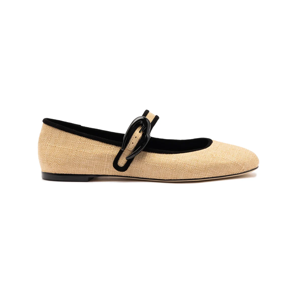 Verona Ballet Flat in Beige Raffia & Black Trimming