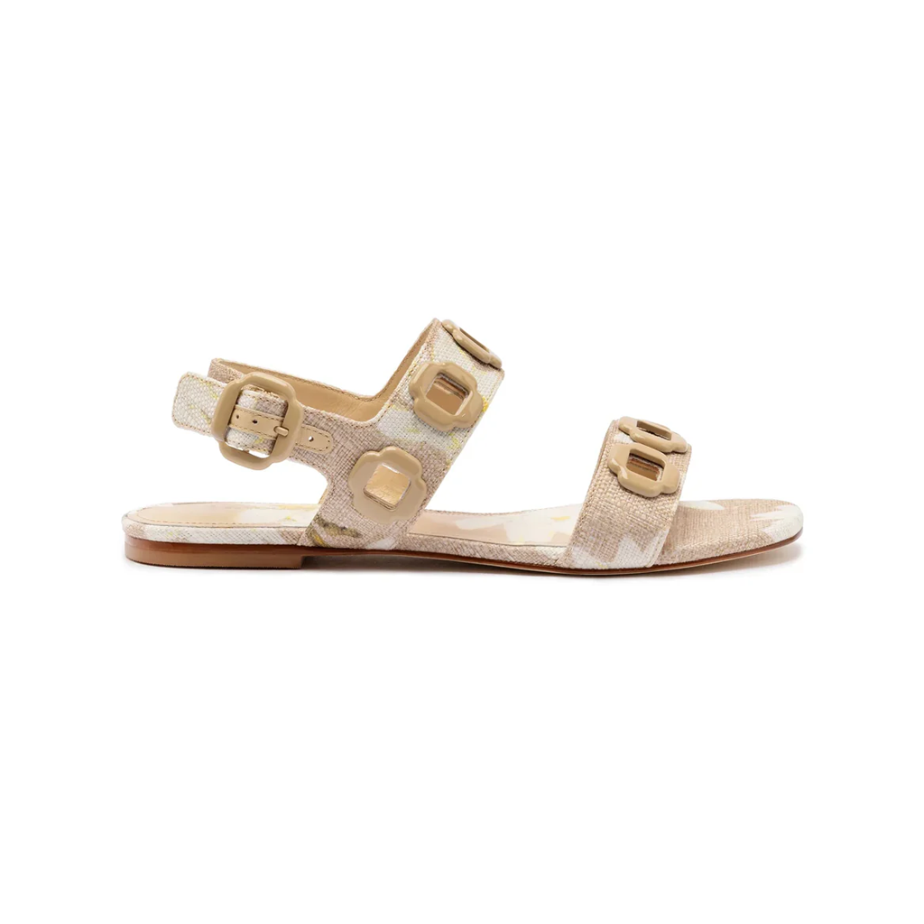 Milan Flat Sandal in Beige Printed Raffia