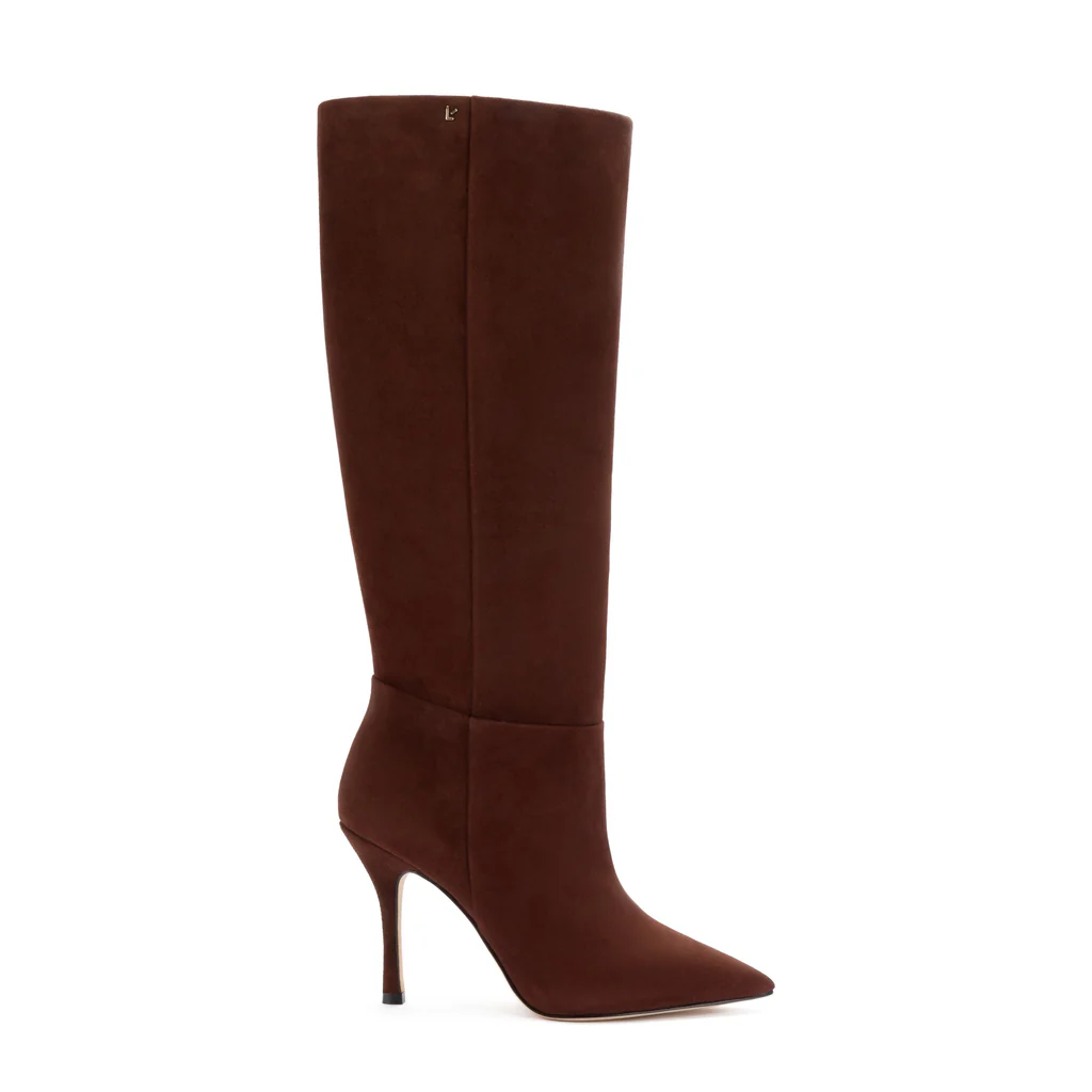 Side view of Kate Boot showcasing brown leather, knee-high shaft, pointed toe, and 3.8-inch stiletto heel on white background