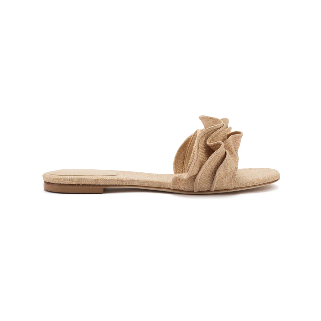 Ivy Ruffle Flat Mule In Beige Raffia
