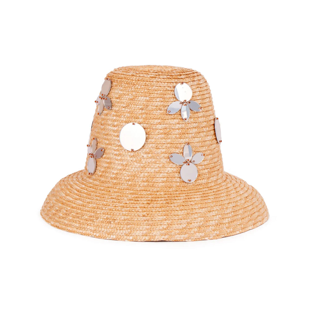Front view of Shisha Hat in Shisha showcasing natural raffia and reflective mirror embellishments on white background