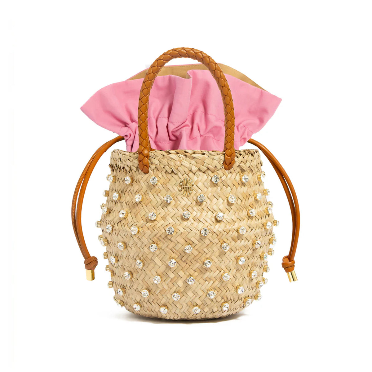 Front view of Nina Crystal Cotton bucket bag with crystal embellishments, braided leather handles and light-rose drawstring