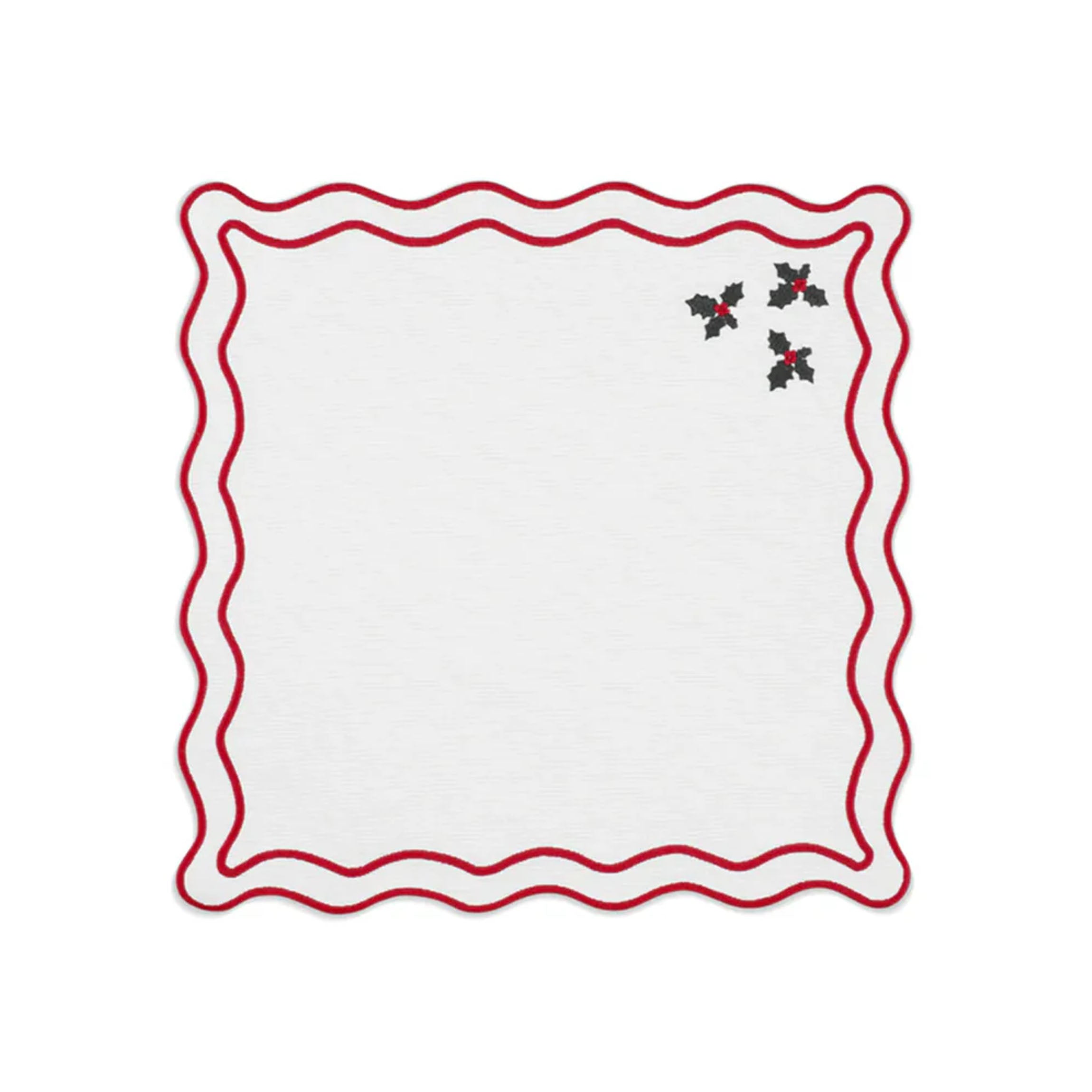 Vintage Holly Napkin in Cotton Cream with Christmas Red and Green Embroidery