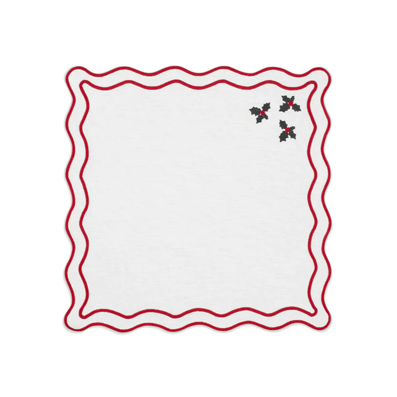 Vintage Holly Napkin in Cotton Cream with Christmas Red and Green Embroidery