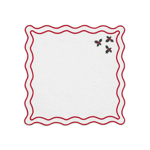 Vintage Holly Napkin in Cotton Cream with Christmas Red and Green Embroidery
