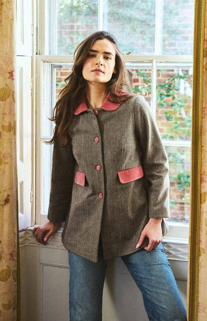 Amelie Swing Coat in Herringbone & Rose