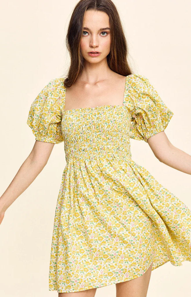 Aisla Mini Dress in Yellow Liberty Floral | Over The Moon