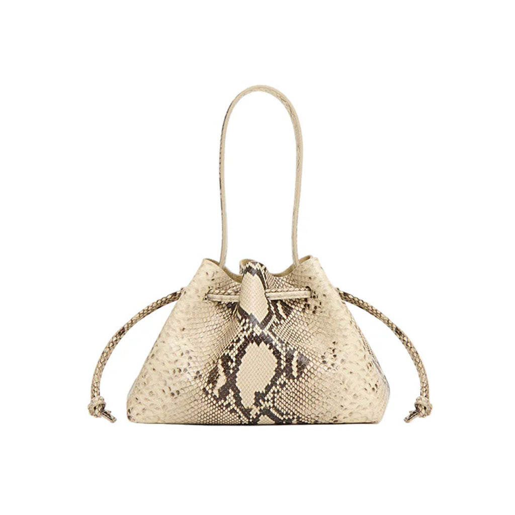 Front view of Drawstring Pouchette in Roccia showcasing its drawstring closure and softly structured silhouette on a white background