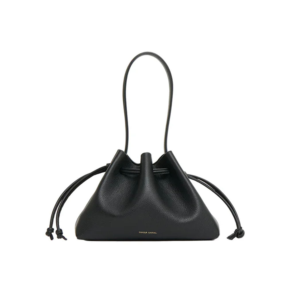 Front view of the black Drawstring Pouchette showcasing its soft drawstring closure and strap with a white background